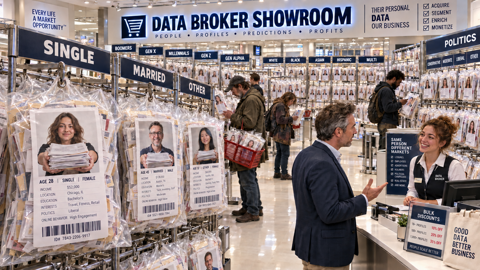 Illustrated data broker showroom displaying personal profiles for sale, sorted by age, relationships, and interests.