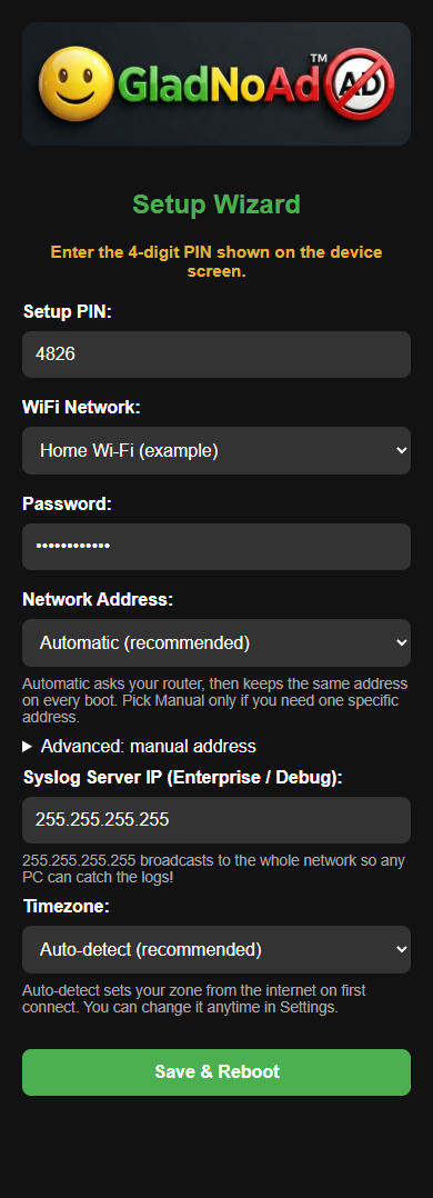 Firmware setup wizard rendered at phone width, showing Setup PIN, WiFi Network, password, Automatic network address, manual address options, Syslog Server IP, Auto-detect timezone, and Save and Reboot.